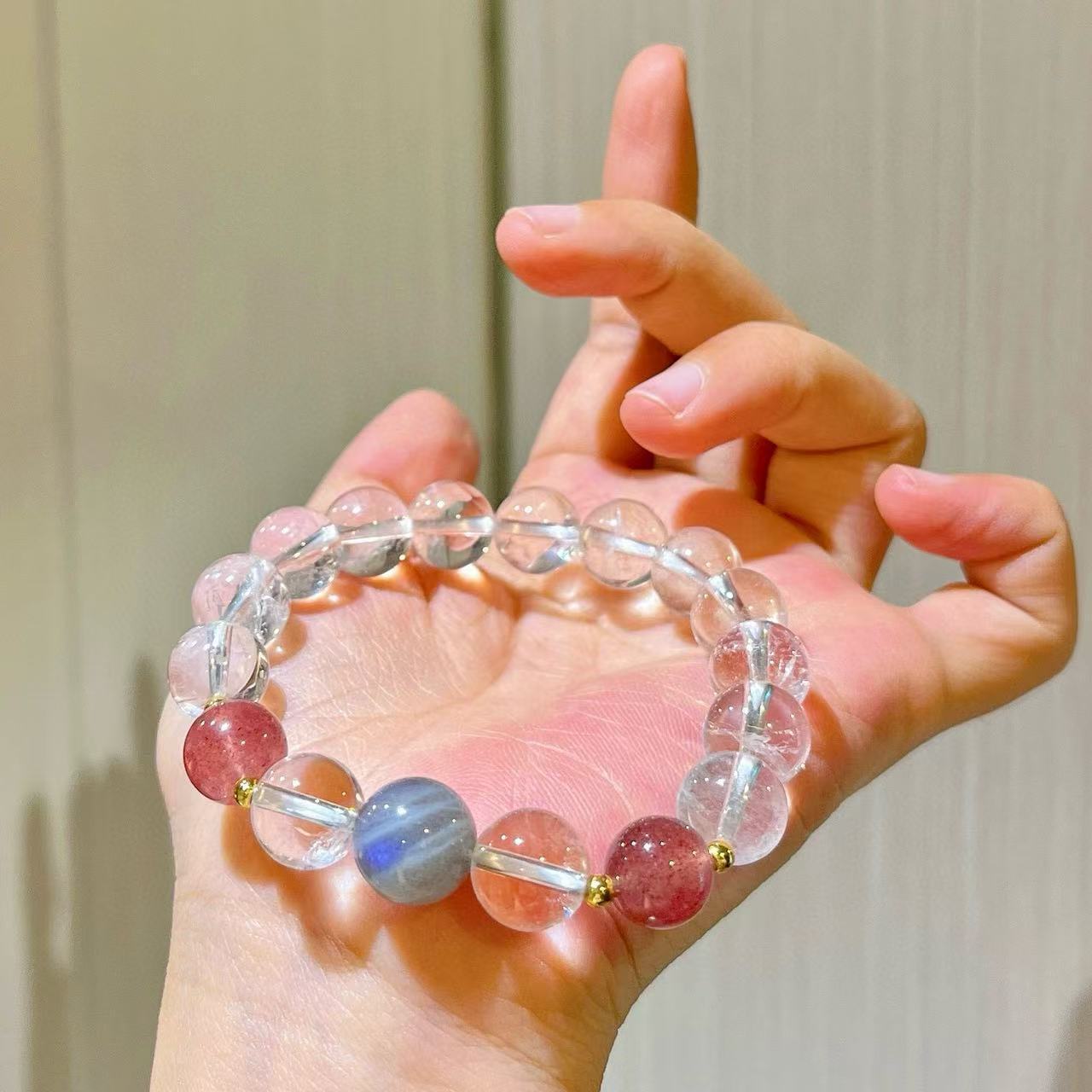 10mm Crystal Strand Bracelet with Pink & Gray Moonstone Beads
